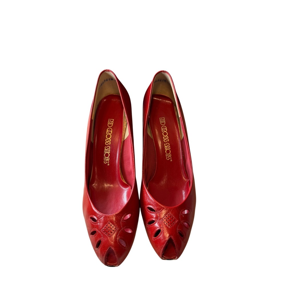 Red Cross Shoes Vintage Tomato Red 8 Leather Peep Toe Cutout Heels Pumps NIB